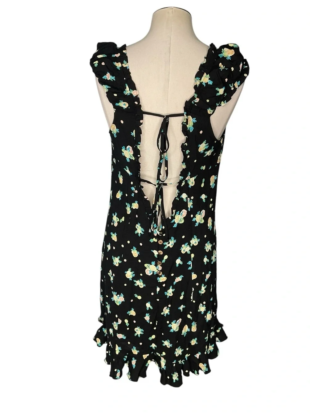 Free People Black Floral Mini Dress Open Back Ruffle Trim Size L